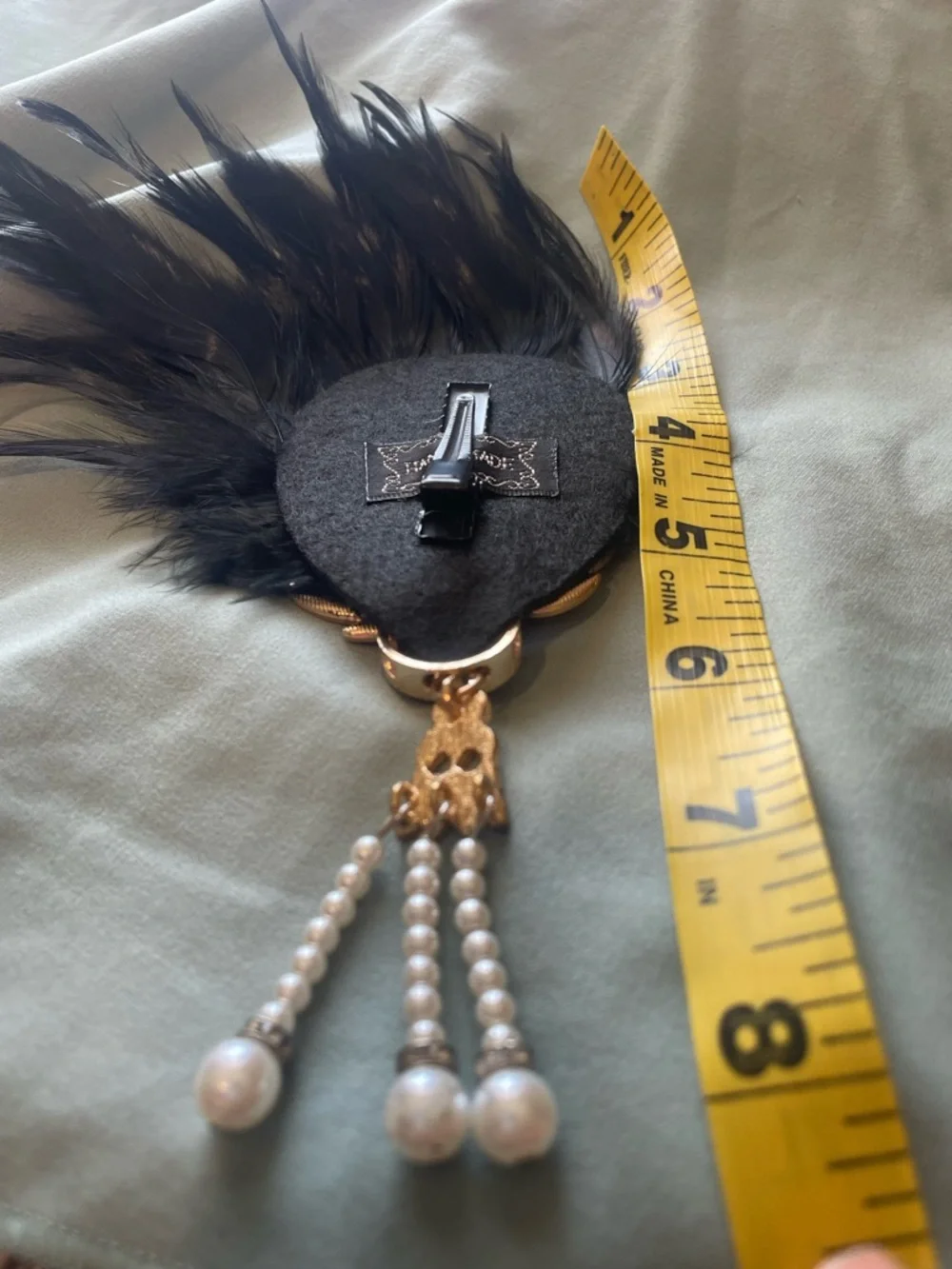 Gold-Tone Crystal & Pearl Feather Brooch with Black Feathers